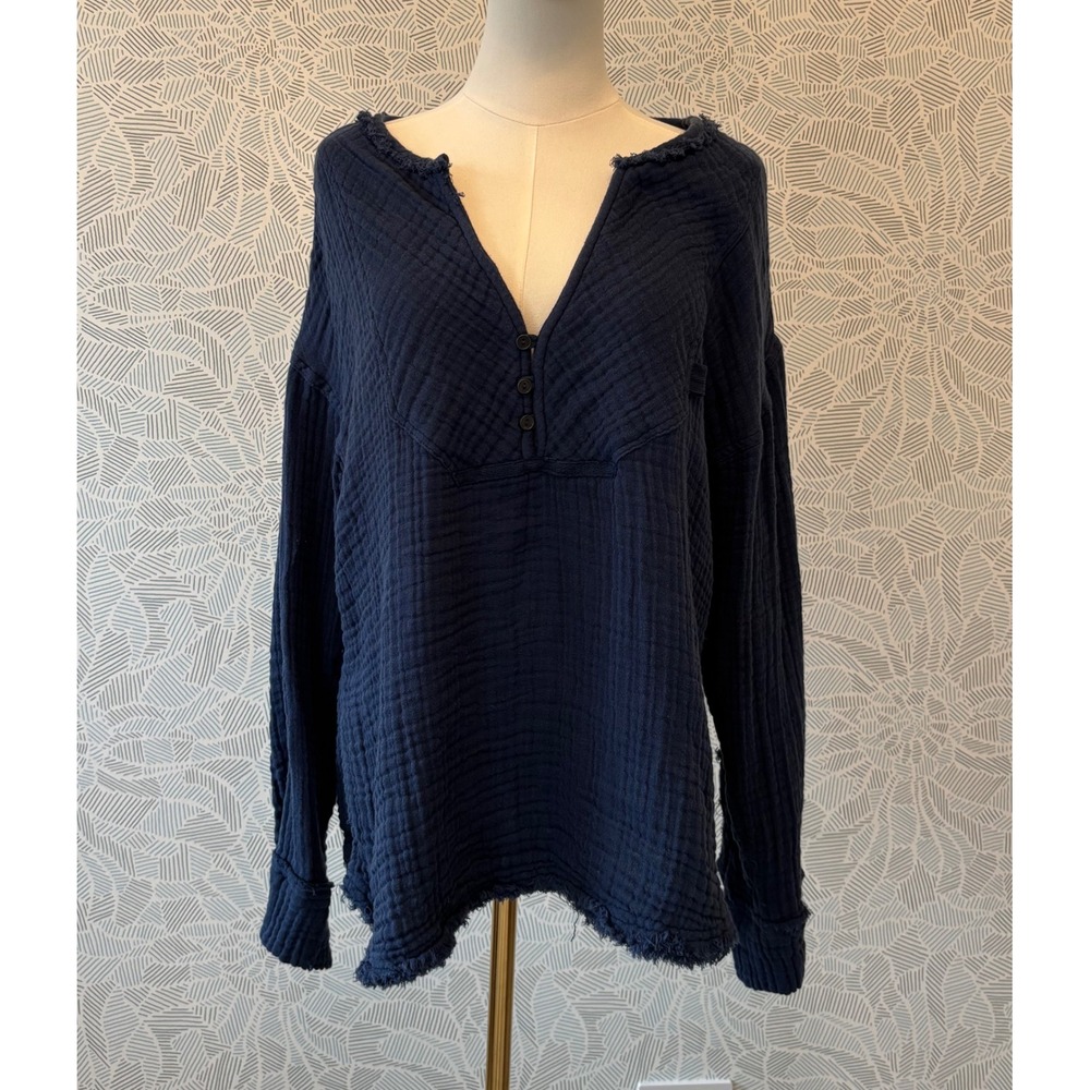 We The Free Free People Navy Blue Soft Boxy Gauze Boho Henley Top XS